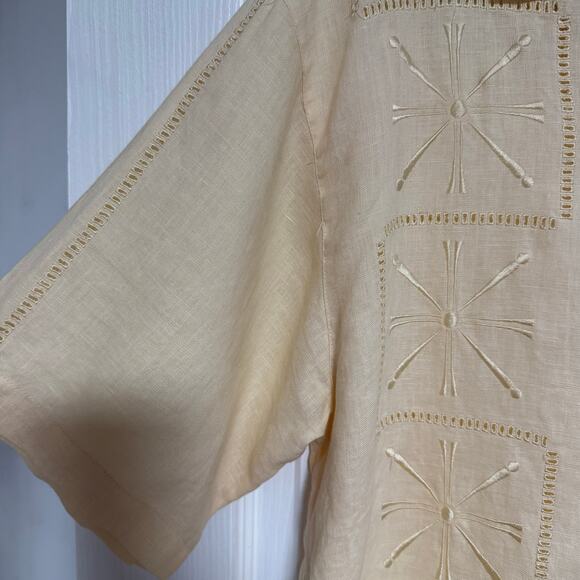 Metafuori Men's 100%Linen Light Yellow Embroidered Button Down Shirt Size Large - Picture 6 of 14